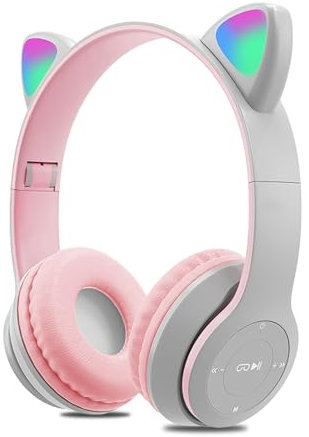 Auriculares Inalámbricos Bluetooth 5.0 para Niñas, Auriculares con Orejas de Gato Plegables sobre la Oreja con Luces de Colores, Unidad de Controlador de 40 mm, para iPhone/iPad/PC/TV