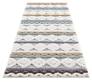 carpet city Teppich-Läufer Hochflor Flur - 80x300 cm - Boho-Stil Ethno Creme Multi - Cut-Loop, Hochtief, 3D-Effekt - Shaggy Teppiche Flauschig-Weich Schlafzimmer Langflor Bettvorleger