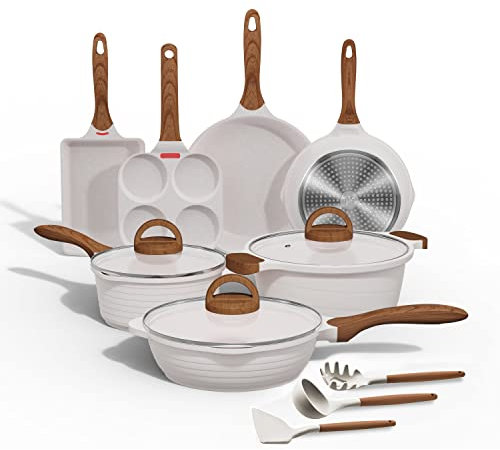 JEETEE Pots and Pans Set Nonstick White Granite Induction Cookware Sets 13 Pieces w/Frying Pan, Saucepan, Sauté Pan, Tamagoyaki Pan, Egg Pan, Cooking Pots, PFOA Free