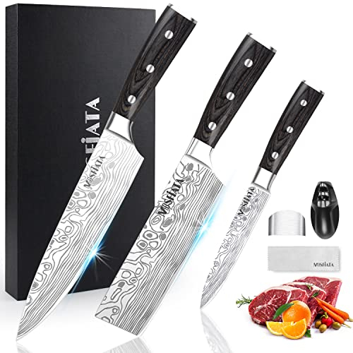 MOSFiATA Küchenmessersets, Küchenmesser Set 3, Kochmesser aus Hochwertigem Carbon Edelstahl, Hackmesser, Nakiri Messer, Allzweckmesser mit Fingerschutz Messerschärfer und Geschenkbox