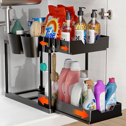 Organizador Bajo Fregadero Deslizable 2 Niveles, Estante Cocina de Gran Capacidad con 2 Cesta Colgante, 4 Ganchos, Almacenaje Debajo Fregadero Multiusos para Cocina, Baño, Dormitorio-Negro