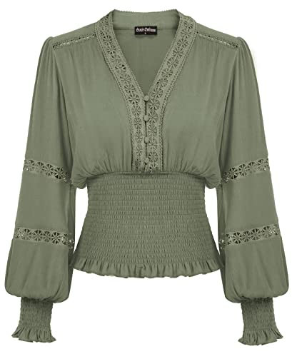 SCARLET DARKNESS Women's Green Vintage Pullover Shirt V Neck Balloon Sleeve Renaissance Smocked Peasant Tops L