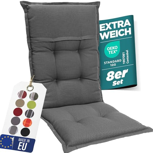 gardisun Gartenstuhlauflagen Hochlehner, 8er Set, Grau | Extra Dicke Sitzauflagen, Made in EU, Polsterauflagen für Hochlehner Gartenstuhl, Auflagen mit hoher Lichtechtheit