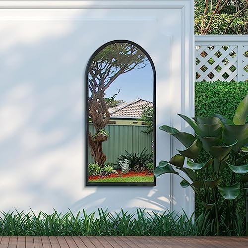 MirrorOutlet The Arcus - Black Metal Framed Modern Arched Garden Wall Mirror 47 X 23.5 (120CM X 60CM) Black. 2cm Wide Frame and 3cm Deep