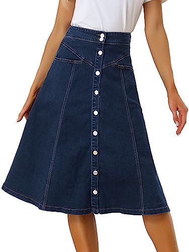 Allegra K Damen Denim Rock Dehnbar Hoher Taille Knopfleist Lang Jeansrock A-Linie Tasche Midirock Dunkel Blau L