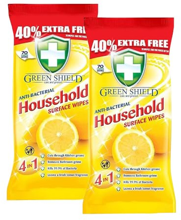 Antibacterial Household Surface Wipes Lemon Scent – 2 x 70 Large Quick-Drying Cleaning Wipes for Kitchen, Bathroom, Worktops, Appliances & General Household Surfaces