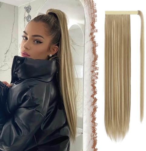 FESHFEN Lang Glattes Pferdeschwanz Haarteil Synthetik Haarverlängerung Zopf Haar Extension für Damen Mädchen, Hellbraun & Blond 60 cm