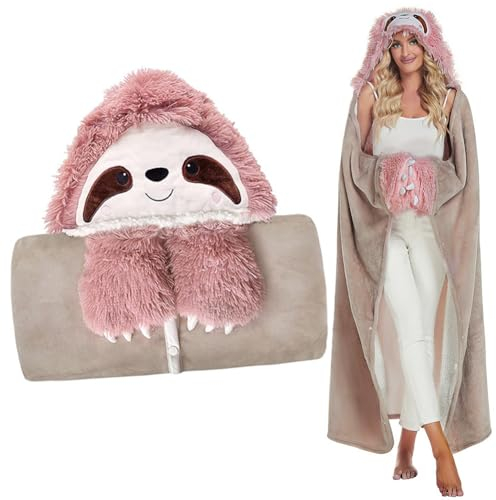 LOMUG Couverture à Capuche, 150x125cm Plaid Paresseux Couverture à Capuche, Cadeau Anniversaire Femme, Paresseux Flanelle Plaid Stitch pour Adultes et Enfants Cadeau pour Saint Valentin Noel