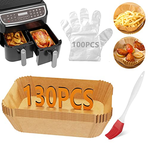 130Pcs Air Fryer Liners, Disposable Parchment Air Fryer Paper Liners for Ninja Air Fryer with Oil Brush 100pcs Glves, Airfryer Liners for Air Fryer Accessories for Ninja Dual Af400uk/af300uk -8.7x5.5