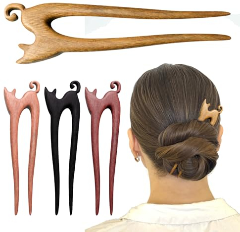SWTHM Set di 4 forcine per capelli in legno vintage, a forma di gatto o a mezzaluna, per donne e ragazze