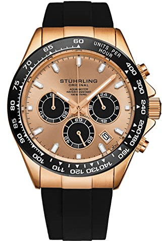 Stuhrling Aquamaster Quarz-Chronograph-Uhr, silbernes Zifferblatt, verschraubte Krone, Leuchtzeiger, Keramik-Lünette, schwarzes Gummiband für Herren, 42 mm Gehäuse, Datum, wasserdicht,