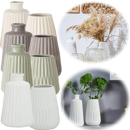 LS-LebenStil Exklusive Blumenvase Oslo 2´er Set Creme Weiß 17x9cm Keramik Nordic Tisch-Vase Pampasgras Keramikvase für Wohnzimmer Schlafzimmer Esstisch Boho Nordic skandinavischer Stil