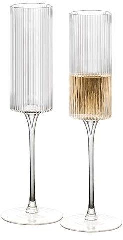 Ribbed Champagne Glasses | Unique Fluted Design | Tall With Long Stem | Fancy and Modern Trend | Large Vintage - Set of 4