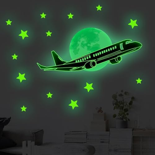 Wandaufkleber für Kinderzimmer, Mondsterne, Flugzeug mit Nacht und dunklen Sternen