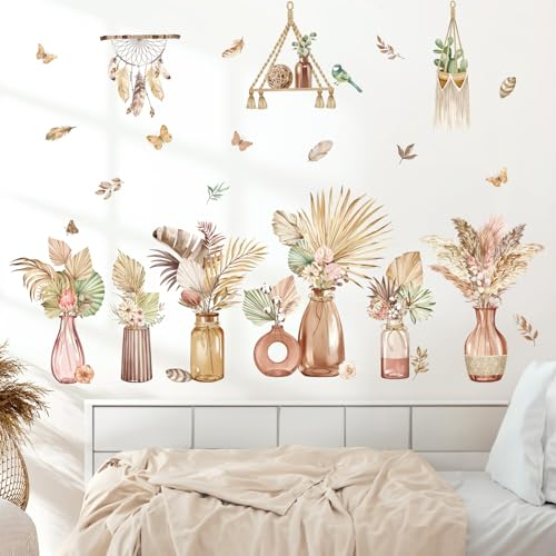 decalmile Stickers Muraux Feuilles de Palmier Boho Autocollant Mural Plante Pot Tropical Papillons Décoration Murale Chambre Enfants Bébé Salon TV Mur