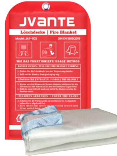 JVANTE Feuerlöschdecke Löschdecke für küche1,6x1,8m DIN EN 1869:2019 – Hochwertige Sicherheits-Fiberglas-Decke für Fettbrände, Auto, Küche, Schule, Kamin, Grill, Büro, Garage & Werkstatt
