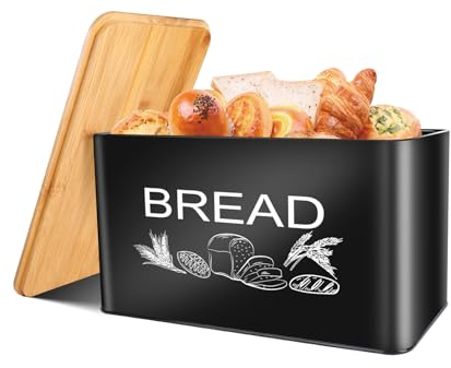 JIGUOOR Black Bread Bins,Extra Large Space Saving Vertical Metal Bread Box with Wooden Cutting Board Lid, Holds 3 Loaves, Farmhouse Bread Box for Kitchen Bread Storage,Kitchen Parts Box