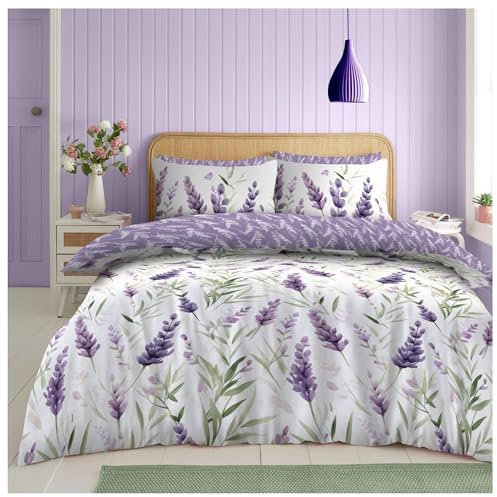 Lions Purple Bedding Sets - King Size Duvet Cover Set with Matching Pillowcase, Reversible Blossom Floral Quilt Covers, 3 Piece Poly Cotton, Easy Care, 230x220cm