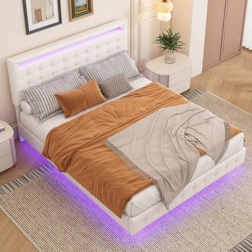 PUGSDRLY Lit Double avec Lumière LED et Trois Têtes Réglables en Hauteur - 140x200 avec Sommier, Rembourré, Cadre sans Matelas (Blanc)