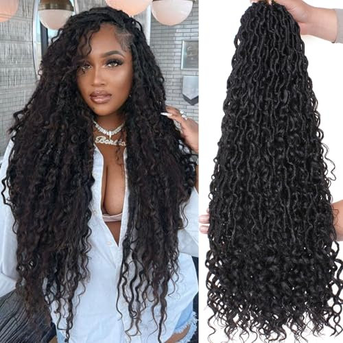 Samtress 24 Inch Goddess Locs Crochet Hair 8 Packs Pre-looped Faux Locs Synthetic Crochet Braids Natural Black Bohemian Soft River Crochet Braids with Curly Ends for Black Women (#1B)