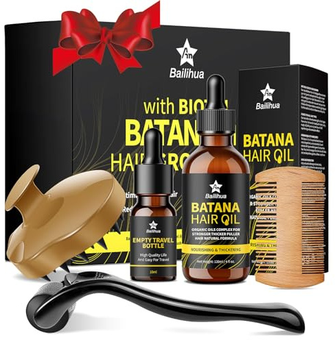 Kit de croissance de barbe Batana pour la croissance des cheveux avec biotine Derma Roller Massage du cuir chevelu Peigne Bouteille de voyage vide pour la croissance des cheveux de la barbe Cadeau de