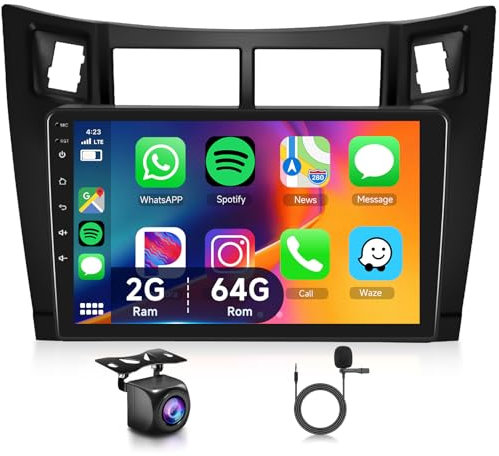 Hodozzy 2G+64G Radio de Coche para Toyota Yaris 2005-2011 con Carplay Android Auto Mirror Link Inalámbrico, 9 Pulgadas Pantalla Táctil de GPS Bluetooth WiFi EQ/DSP FM/RDS Radio, Control del Volante