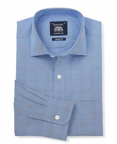 THE SAVILE ROW COMPANY LONDON Men's Classic Fit Cotton Poplin Single Cuff Formal Shirt - Navy Prince of Wales Check - 18.5 Collar - Standard