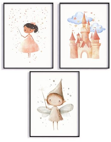 MJ-GRAPHICS® Poster Set Märchen Prinzessin Kinderzimmer Wandbilder FineArt Druck A4 Mädchen Deko Feen Zauberschloss Magie Illustration zauberhafte Kinder Deko für Babyzimmer Spielzimmer - ohne Rahmen