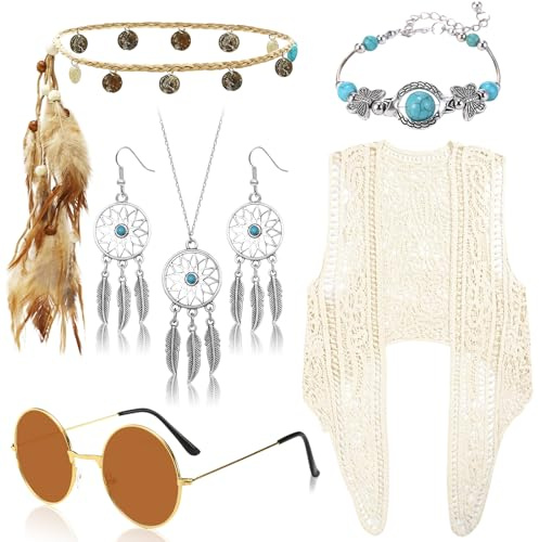 Saier tbo 6 Stück Hippie Kostüm Set für Damen, 60er 70er Jahre Bohemian Kleidung mit Boho Häkeln Weste Feder Kopfschmuck Sonnenbrille Halskette Ohrring Armband für Karneval Festival Party Cosplay