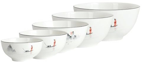 TROSIQUANJIA Service de table de style chinois émaillé de style paysage exquis résistant aux hautes températures - Ensemble de 5 bols en porcelaine anglaise