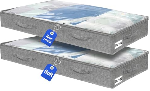 Unterbett-Aufbewahrungstaschen, 50L, 10 cm hoch, Sichtfenster, 2er-Set | Leinen mit Sichtfenster, 2-Wege-Reißverschluss, 4 robuste Griffe, faltbar, für Kleidung, Bettwäsche und Decken