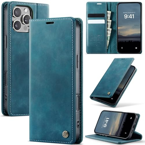 Cracedily Wallet Case for iPhone 16 Pro Leather Wallet Flip Cover with Card Holder, Kickstand, Magnetic Closure, RFID Blocking TPU Shockproof Phone Case Compatible with iPhone 16 Pro, Blue-Green