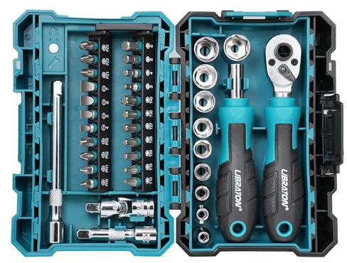 LIBRATON Set di 37 Mini Chiavi a Bussola e Cricchetto da 1/4 con Punte | Prese Poco Profonde da 4‑13 mm, Manico Magnetico, Barre di Estensione e Giunto Universale, con Custodia per Fai da Te