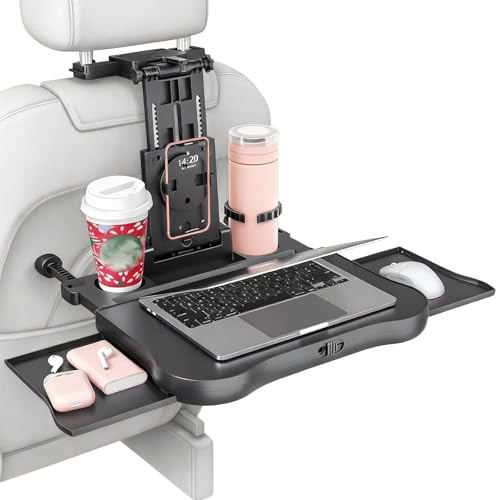 WOOLUCK Table de voiture pour siège arrière passager, Plateau de siège arrière de voiture pliable pour ordinateur portable, Plateau de nourriture avec support pivotant pour téléphone