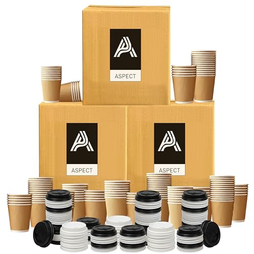 Aspect Coffee Cups with lids, 200 x 8oz Triple Wall Ripple Kraft Paper for Hot & Cold Drinks(Brown)