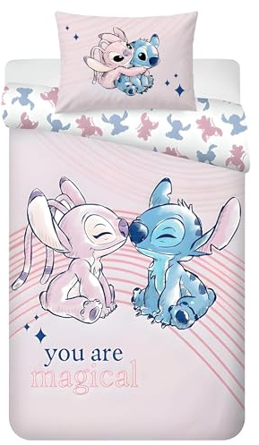 Disney Stitch & Angel Wendebettwäsche-Set | Einzelbett 140x200 cm Bettbezug & Kissenbezug 50x70 cm, 100% Baumwolle | Weiches und atmungsaktives Stitch-Kinderbettwäsche-Set mit niedlichem Design
