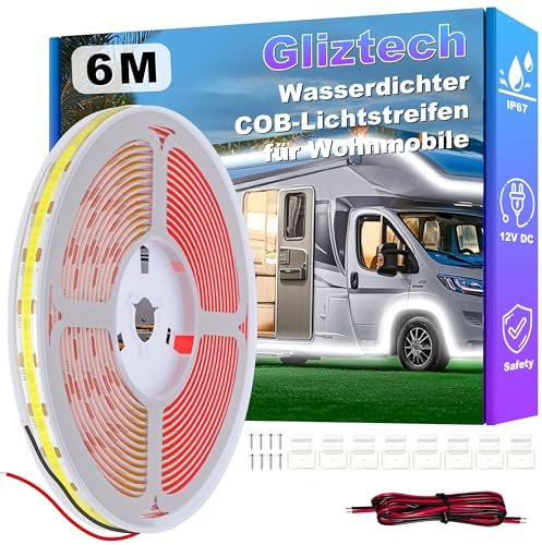 Gliztech 12V LED Lampen für Wohnmobile, Camper Markisenleuchten für Wohnmobil-Außenbereich, IP67 LED Streifen Aussenbereich COB wasserdichte LED für Markise Wohnmobile, Reisefeiern (Weiß, 6m)