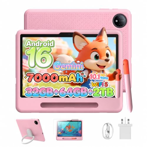 Luzglo P10 Kid Tablet Bambini 10 Pollici, Tablet Android 16, 90Hz, 32GB RAM+64GB ROM, 7000mAH, Vetro Curvo 2.5D, WiFi5/Face ID/OTG/Widevine L1, Include Accessori per Tablets per Bambini, Rosa