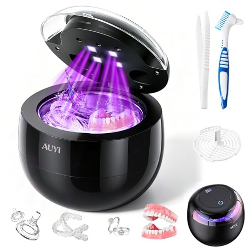 Ultraschallreinigungsgerät 45kHz, Ultraschallreiniger mit UV Licht für Gebiss Zahnersatz Zahnspange Retainer Aligner | 200ml Reinigungstank, Schmuckreiniger für Schmuck Uhren Brillen, 4 Modi Tiefenreinigung