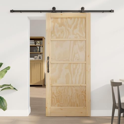 Mangloder - Porta scorrevole in legno di pino massello naturale e nero, 86 x 198,5 cm, con binario in acciaio verniciato a polvere, meccanismo scorrevole silenzioso, design salvaspazio per interni