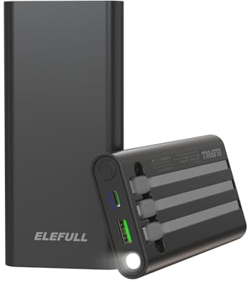 Power Bank 10,000 mAh, Built-in Cable, USB C Battery Pack Portable Charger with LED Flashlight, Small but Powerful External Phone Battery