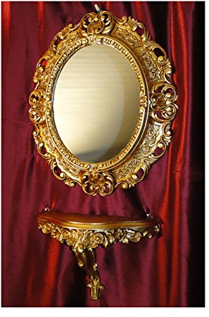 Lnxp Set Gold Wandspiegel + Konsole M OVAL Wandkonsole Barock Antik 44x38 Flur Eingangsmöbel Möbel Konsole Ablage Spiegel 45SET