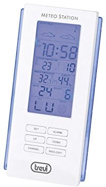 Trevi ME 3108 RC Stazione Meteo con Sensore Esterno Senza Fili, Temperatura, Umidità, Previsioni Meteo, Fase Lunare, Sveglia, Calendario Multilingue, Bianco