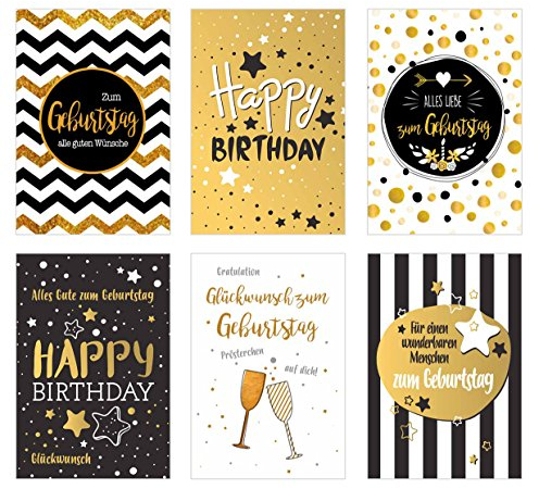 Edition Seidel Set 6 exklusive Premium Geburtstagskarten mit feiner Goldprägung und Umschlag. Glückwunschkarte Grusskarte Geburtstag Geburtstagskarte Mann Frau Karten Happy Birthday Billet Sprüche