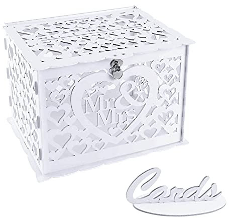 Benjia Wedding Gift Card Cards Money Post Box Holder, Rustic Large Wood Wooden Letter Envelop Boxes with Lock and Slot for Reception Anniversary Birthday Party Parties (Mr & Mrs, White)