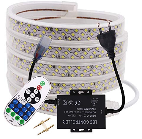 XUNATA Dimmbar LED Strip Weiß, 220V 2835 SMD 276leds / m IP65 Wasserdicht,Flexibles LED Lichtschlauch mit 23 Key Fernbedienung für Küche Stairway Weihnachten Party Deko (Weiß,100M)