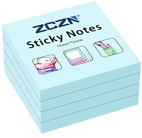 ZCZN 76 x 76 mm Sticky Notes, 100 Sheets/Pad, 4 Pads, Light Blue