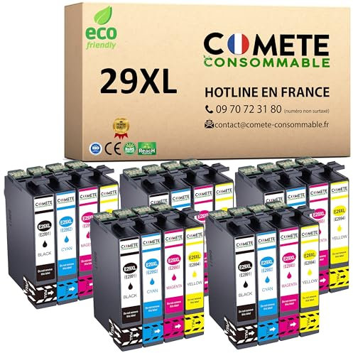 COMETE, Marque française - 29XL - 20 Cartouches d'encre Compatibles avec Epson 29 XL Fraise - pour Epson Expression Home xp452 xp235 xp245 xp247 (5 Noir et 15 Couleur)