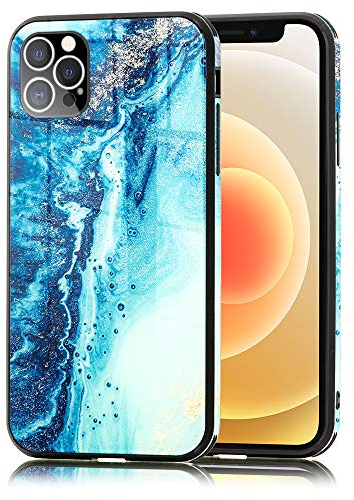 NALIA Hartglas Cover kompatibel mit iPhone 12 Pro Max Hülle, Marmor Design Hard-Case aus 9H Tempered Glass & Silikon Bumper, Kratzfeste Handyhülle Phone Schutzhülle Handy-Tasche, Farbe:Blau Türkis