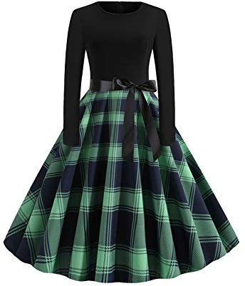 EFOFEI Femme Soirée de Noel Femme Imprimé Vintage Manche Longue Robe de soirée noël Party Robe de soirée Swing A - Ligne avec Ceinture Vert XS